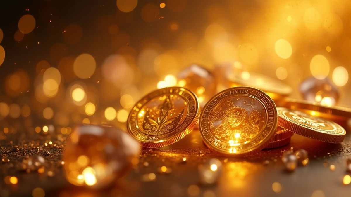 Funkelnde Edelsteine und Goldmünzen vor einem luxuriösen Hintergrund.