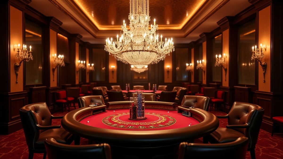 Ein luxuriöses Casino mit eleganten Kronleuchtern und einer makellosen Umgebung.