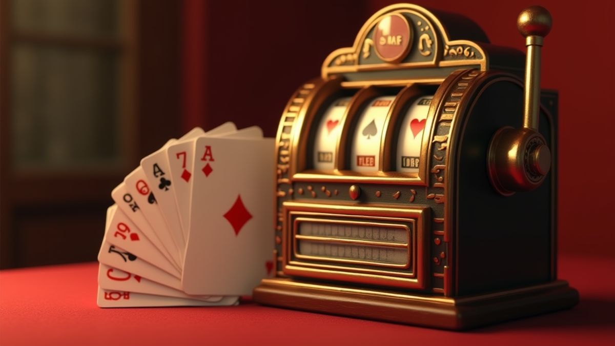 Baralho de cartas junto a uma máquina caça-níqueis retrô.