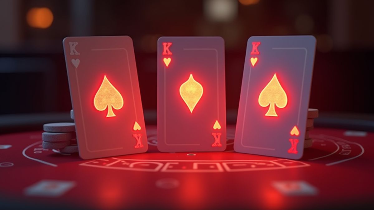 Cartas de rei, rainha e jack brilhando em uma mesa de cassino.