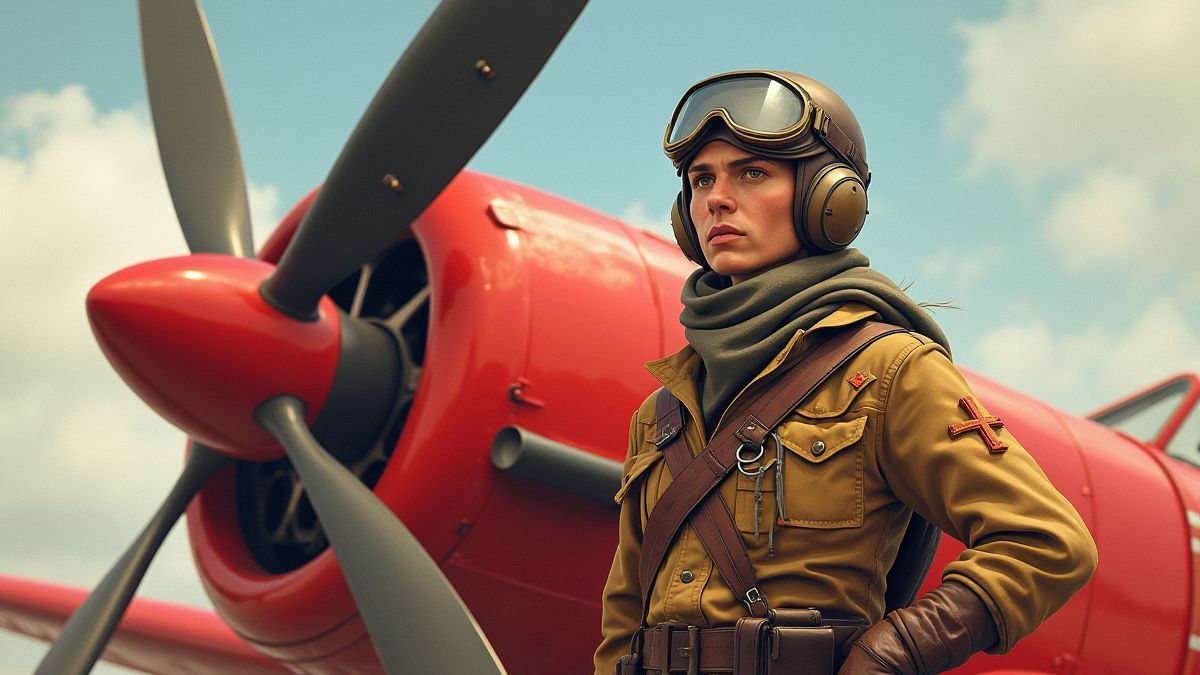 Pilot des Ersten Weltkriegs neben einem roten Kampfjet.