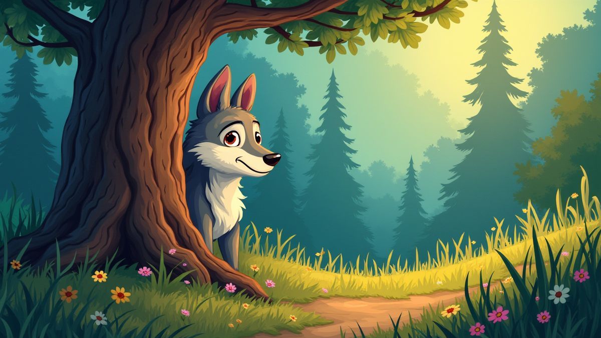Un lobo escondido detrás de un árbol en un bosque mágico lleno de colores vivos.