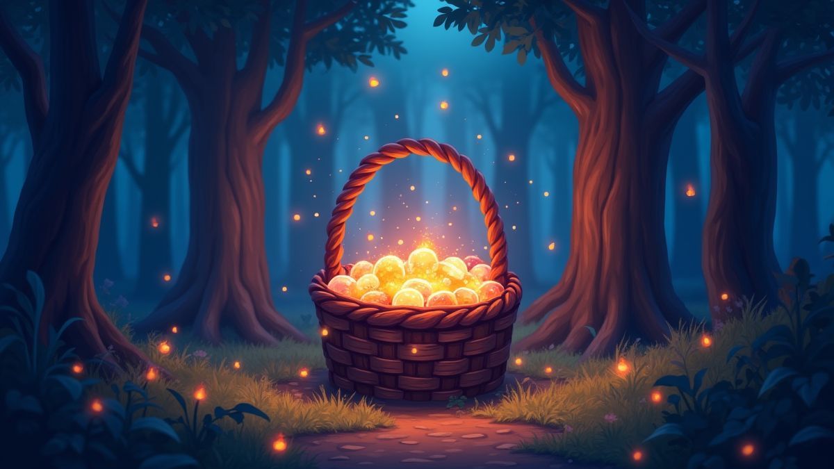 Una canasta mágica llena de elementos brillantes en un bosque místico.