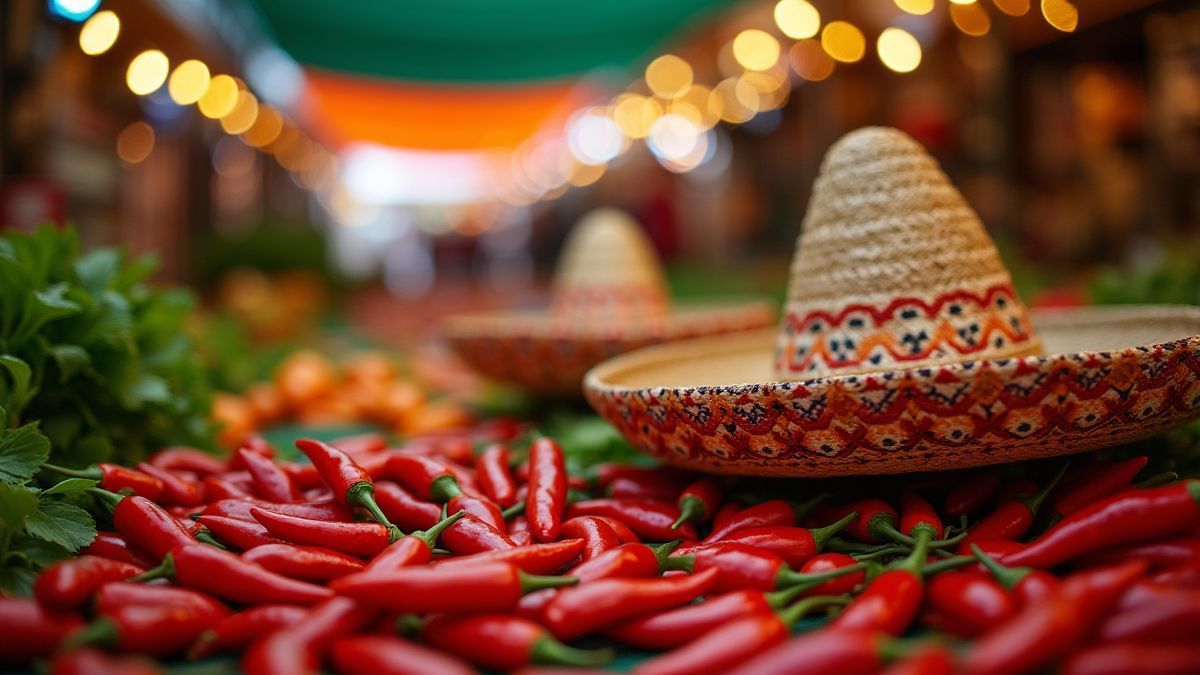 Festive Mexican market with chilies and sombreros.