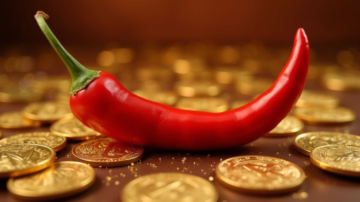 Chili surrounded by gold coins in a festive environment.