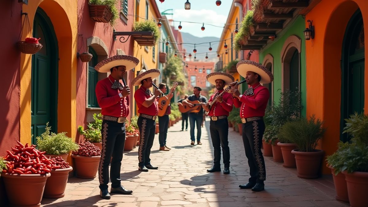 Lively Mexican street with chilis and mariachi bands.