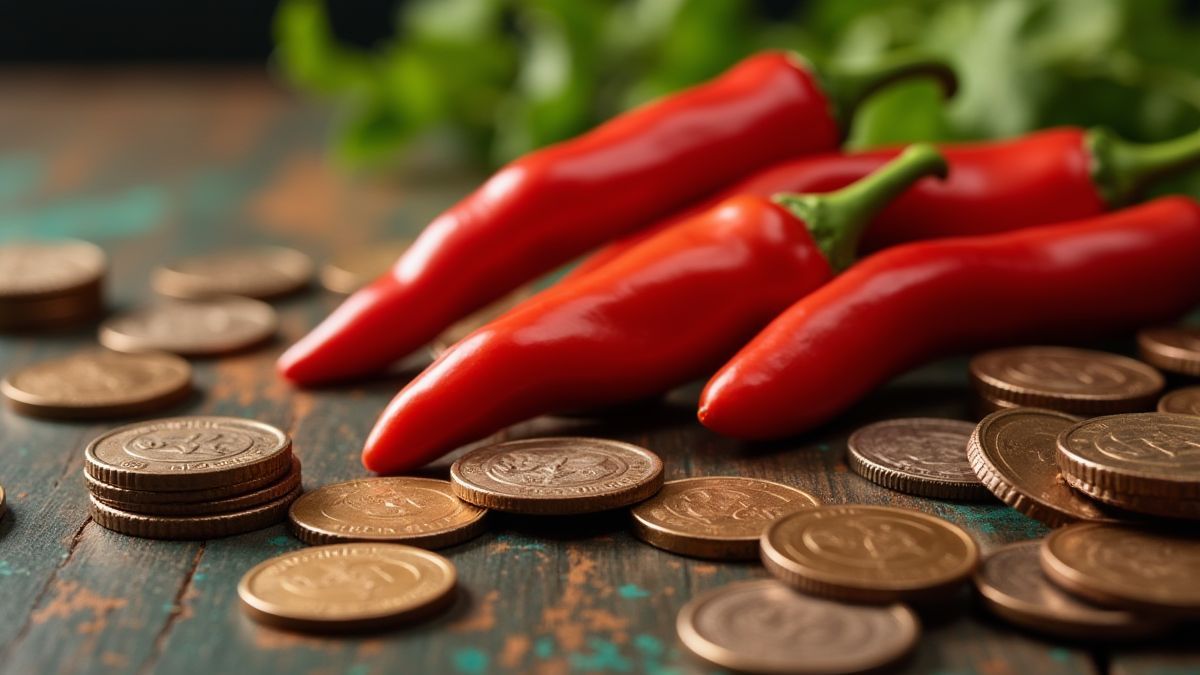 Mexican chilis and coins on a table.
