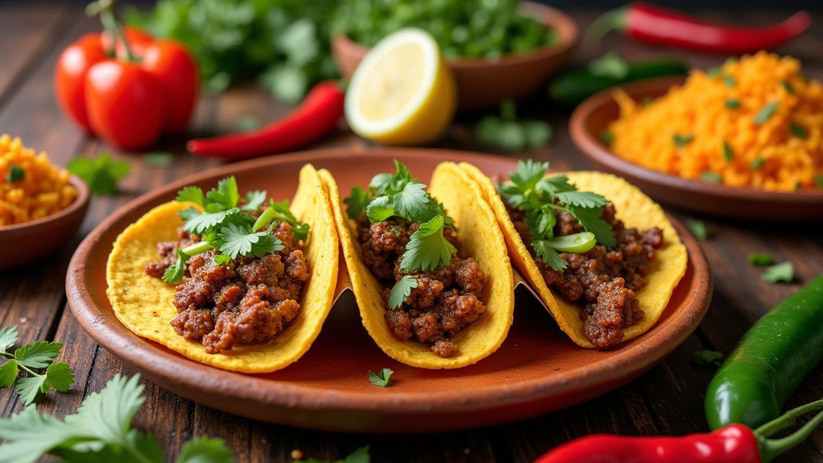 Festive Mexican table with tacos and chilis.