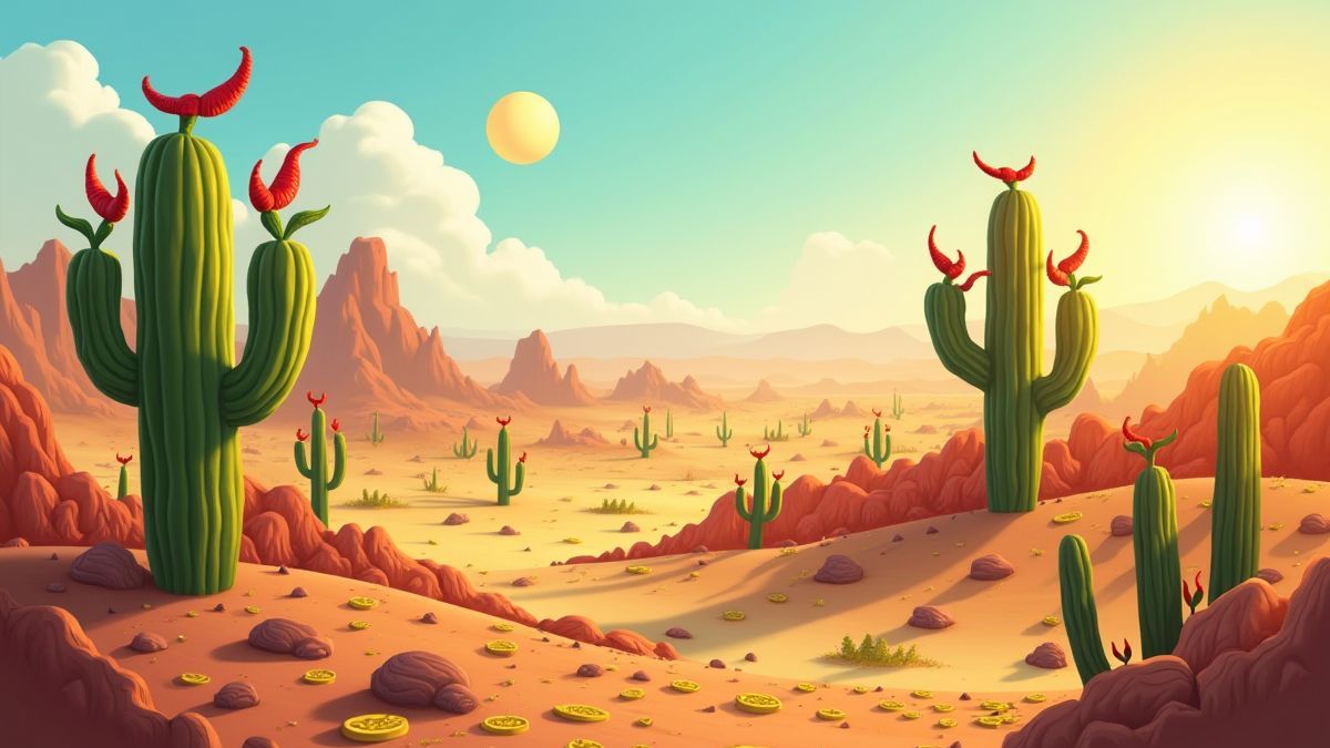 A sunny desert filled with chiles and golden coins.