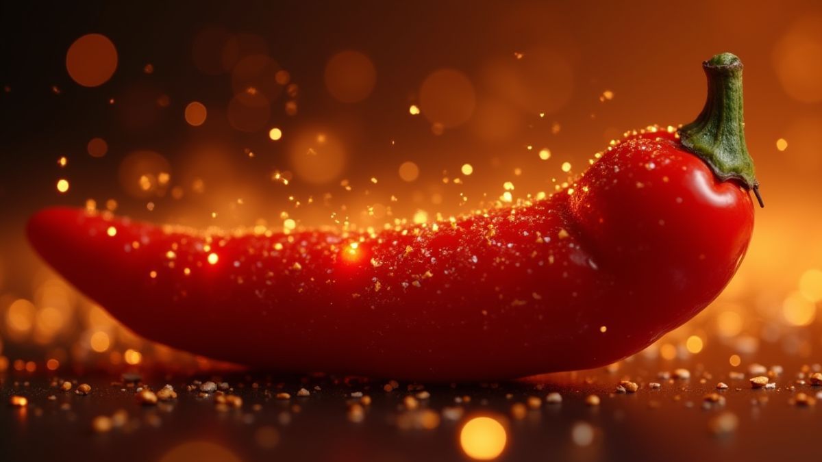 A shiny red chili surrounded by golden sparks.