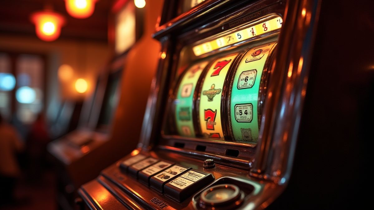 Une machine de casino vintage avec des lumières brillantes et un design rétro.