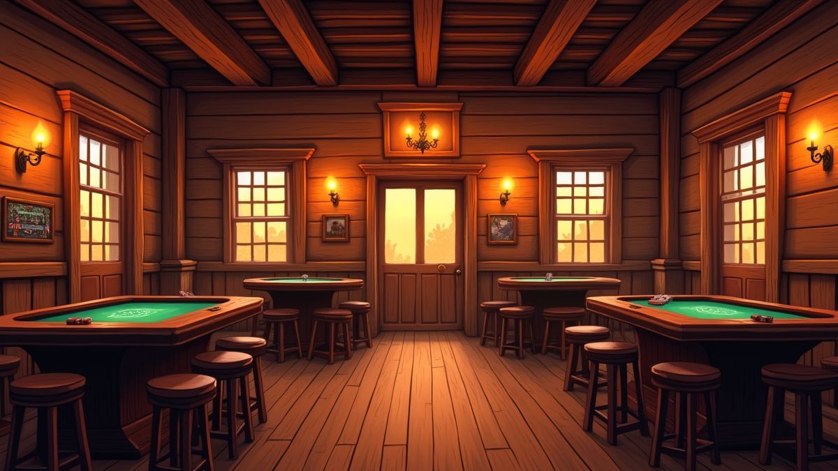 Salón occidental con mesas de póker iluminadas.