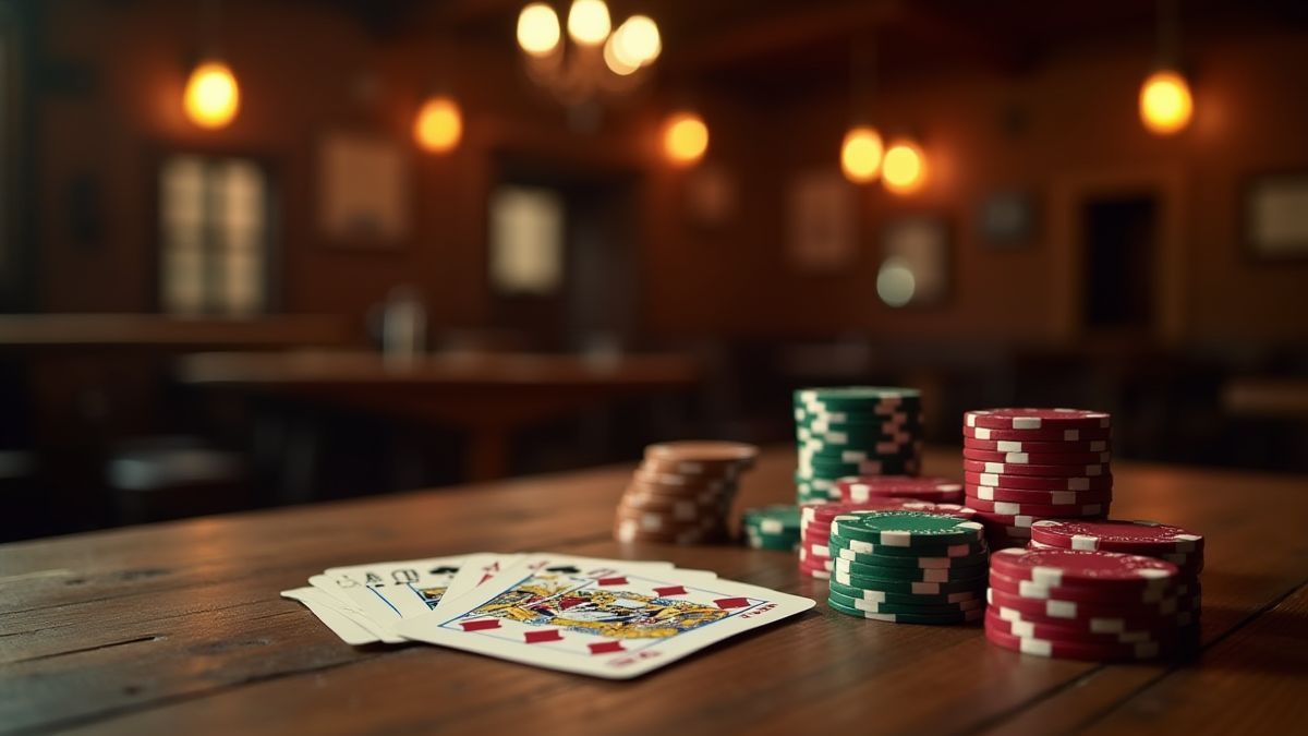 Fichas de póker y cartas sobre una mesa de madera.