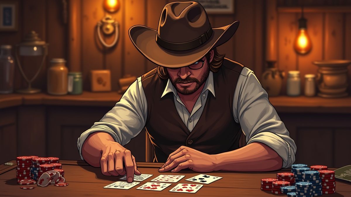 Jugador analizando estrategias con fichas y cartas.