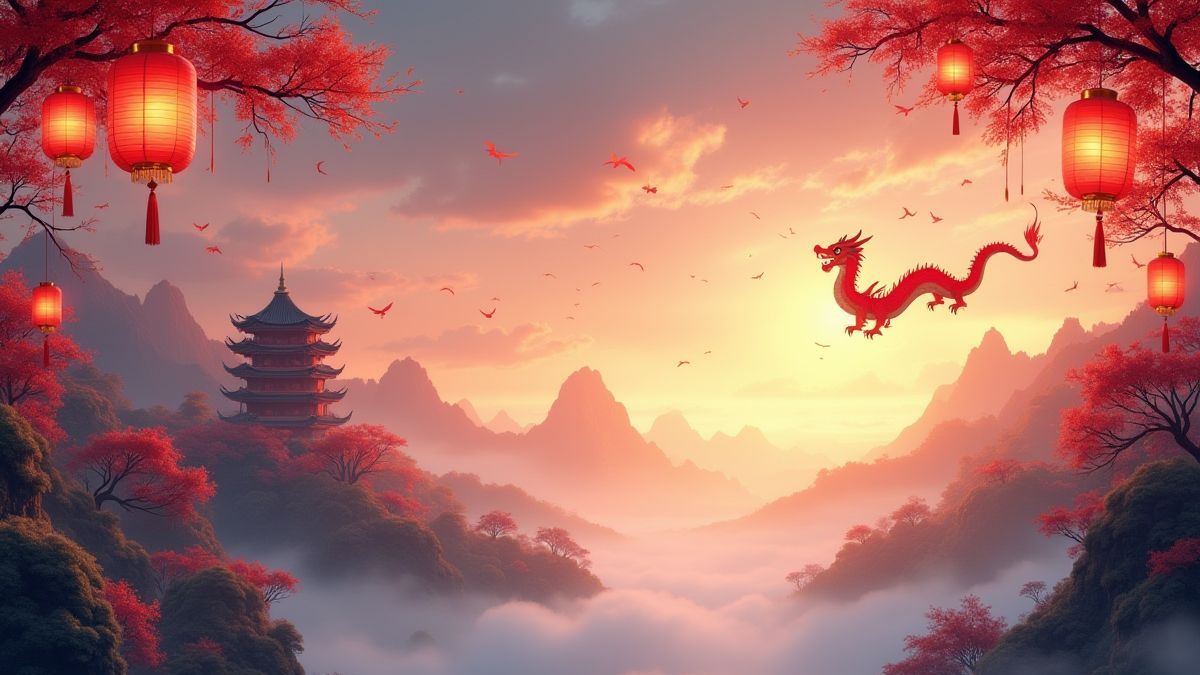 Un paisaje asiático con linternas colgantes y un dragón volando.