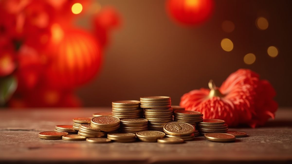 Una mesa con monedas y linternas que simbolizan riqueza y cultura asiática.