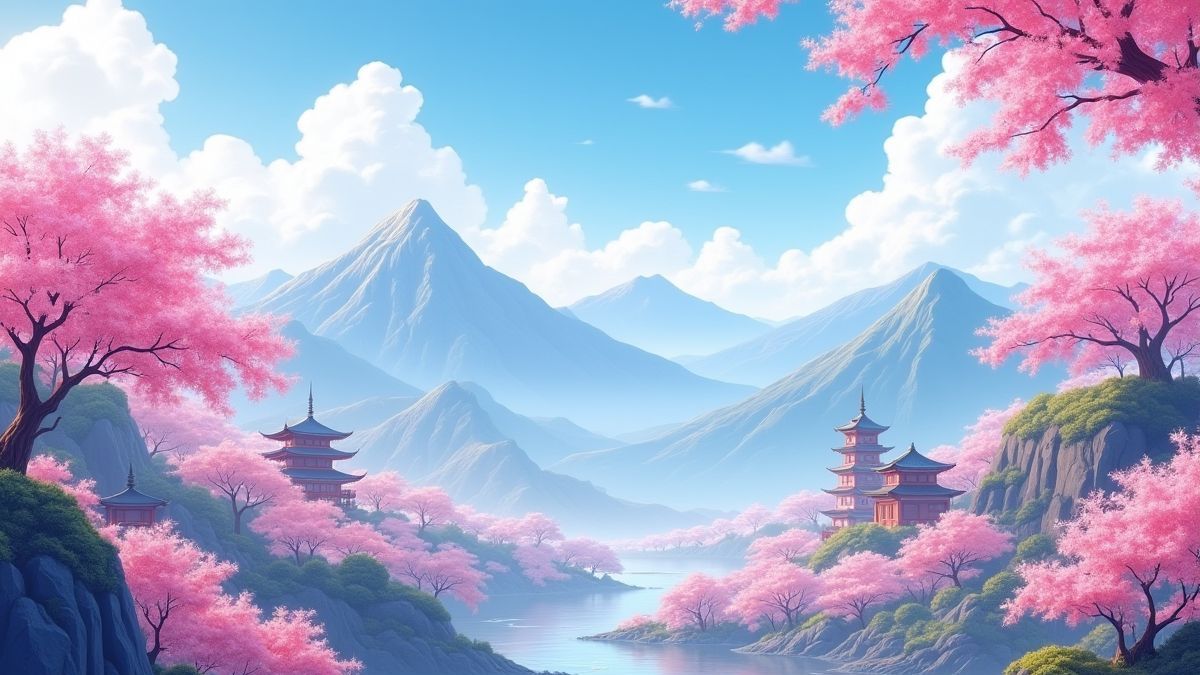 Paysage oriental avec montagnes et temples, rempli de fleurs de cerisier.