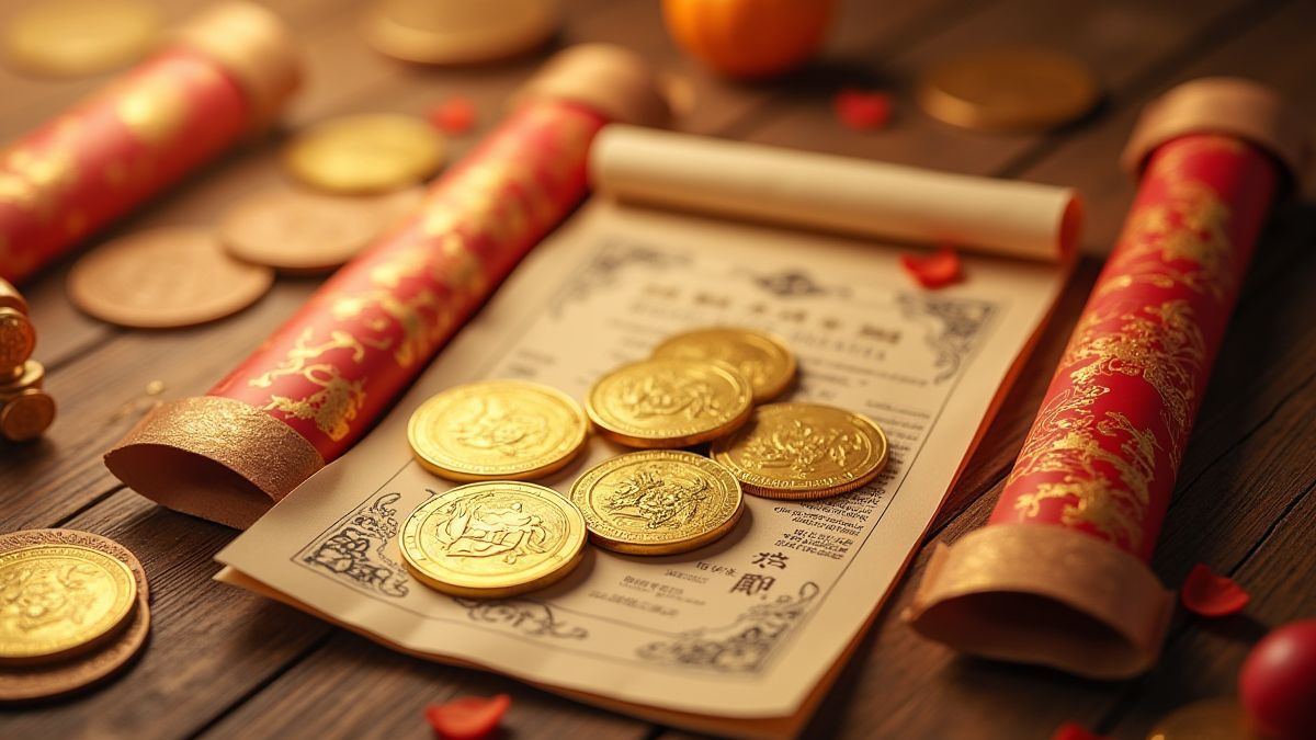 Pièces dorées et parchemins avec des designs asiatiques sur une table en bois.