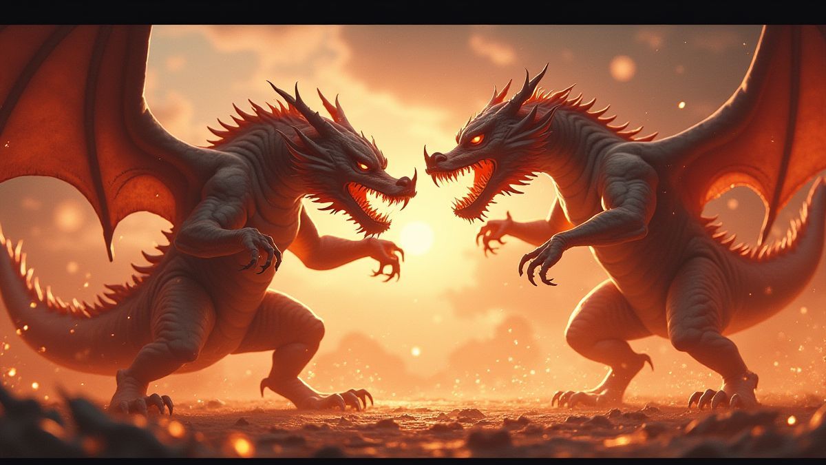 Scène de combat mystique avec dragons et effets de feu.
