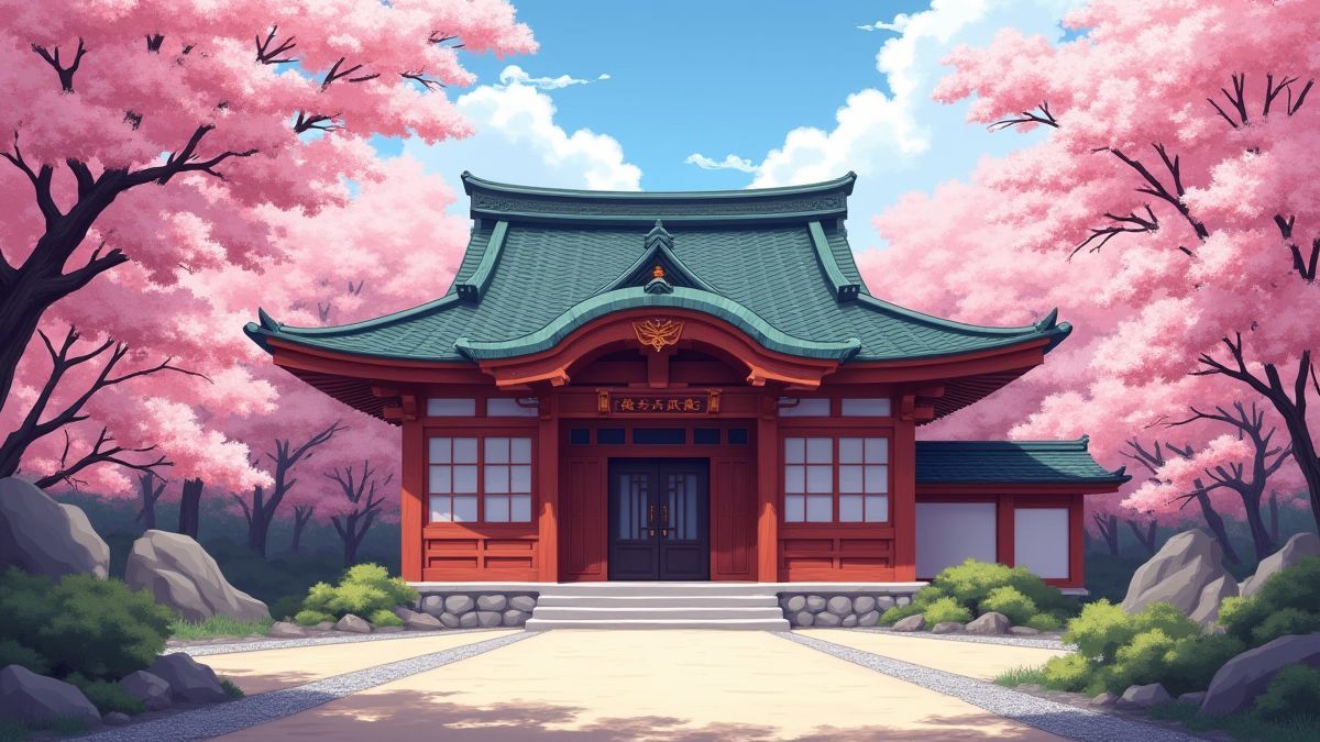 Dojo oriental con flores de cerezo