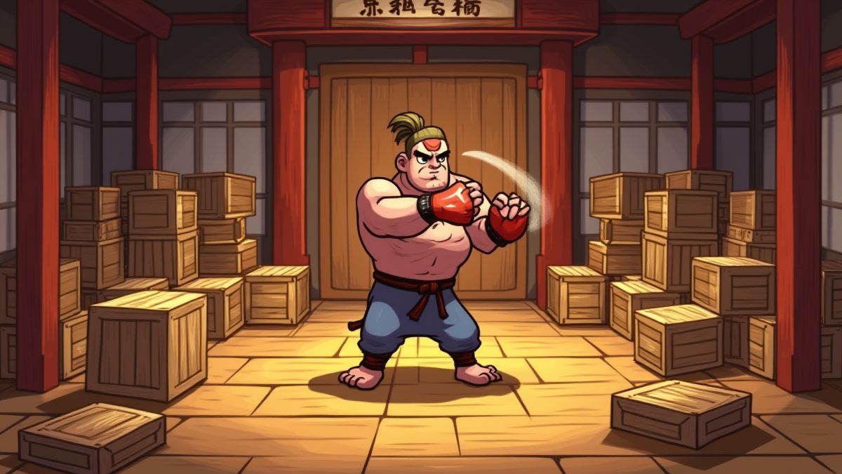 Artista marcial rompiendo cajas de madera en un dojo