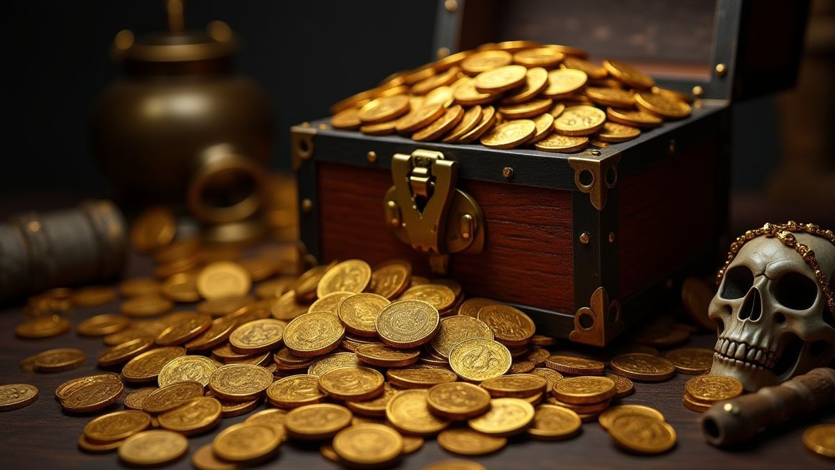 Cofre del tesoro lleno de monedas de oro rodeado de objetos piratas.