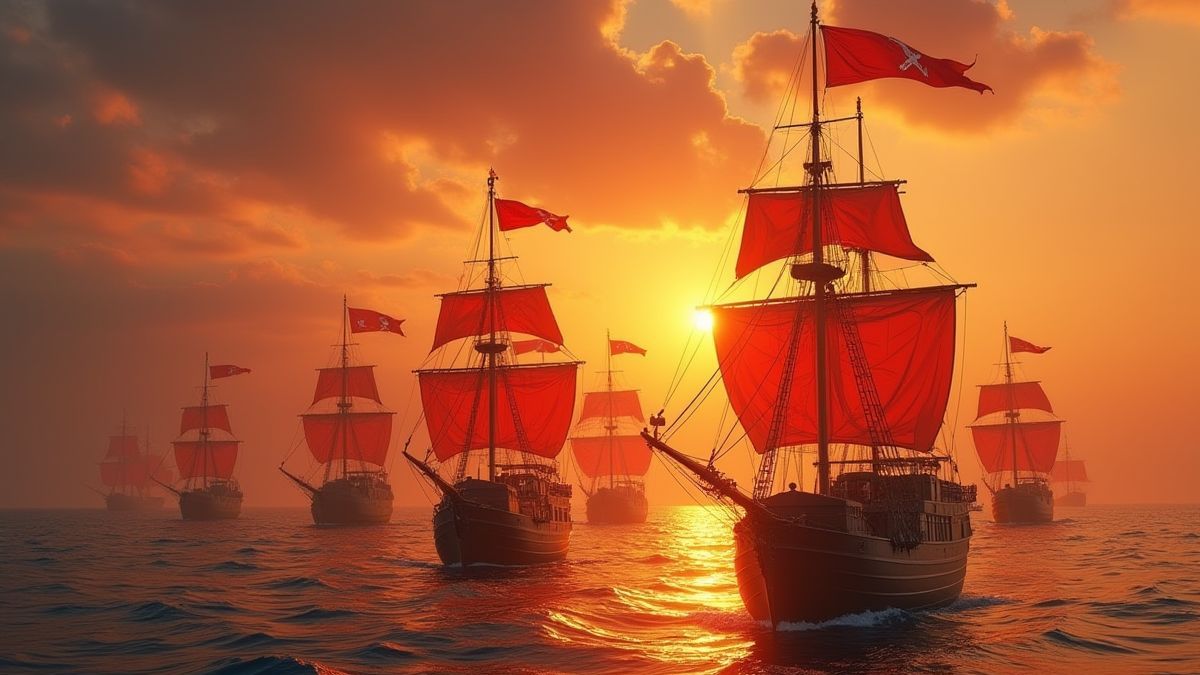 Barcos piratas navegando al atardecer con banderas rojas ondeando.