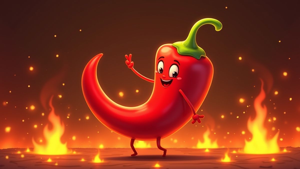 Ein animierter Chili-Charakter, der zwischen Flammen tanzt.