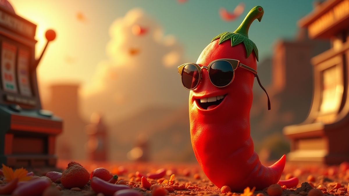 Ein feuriger Chili mit Sonnenbrille neben einem Spielautomat.