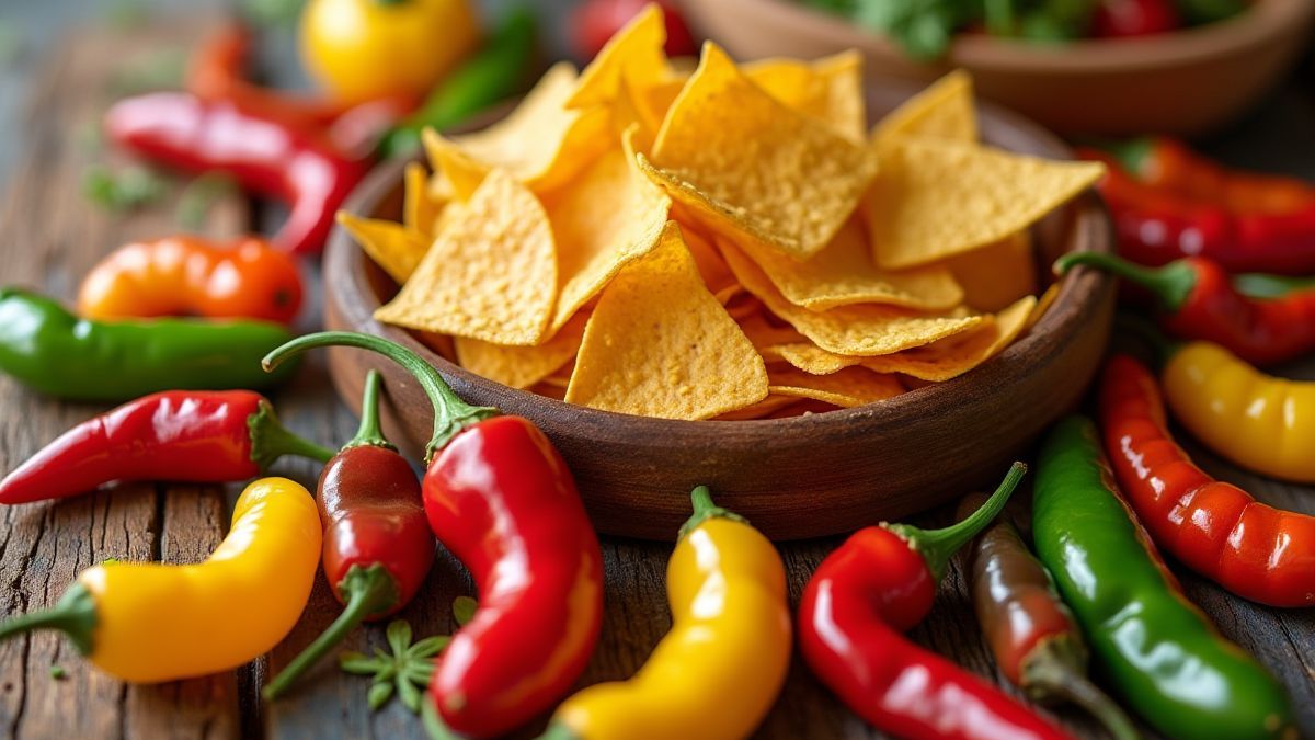 Festive table with chilies and chips.
