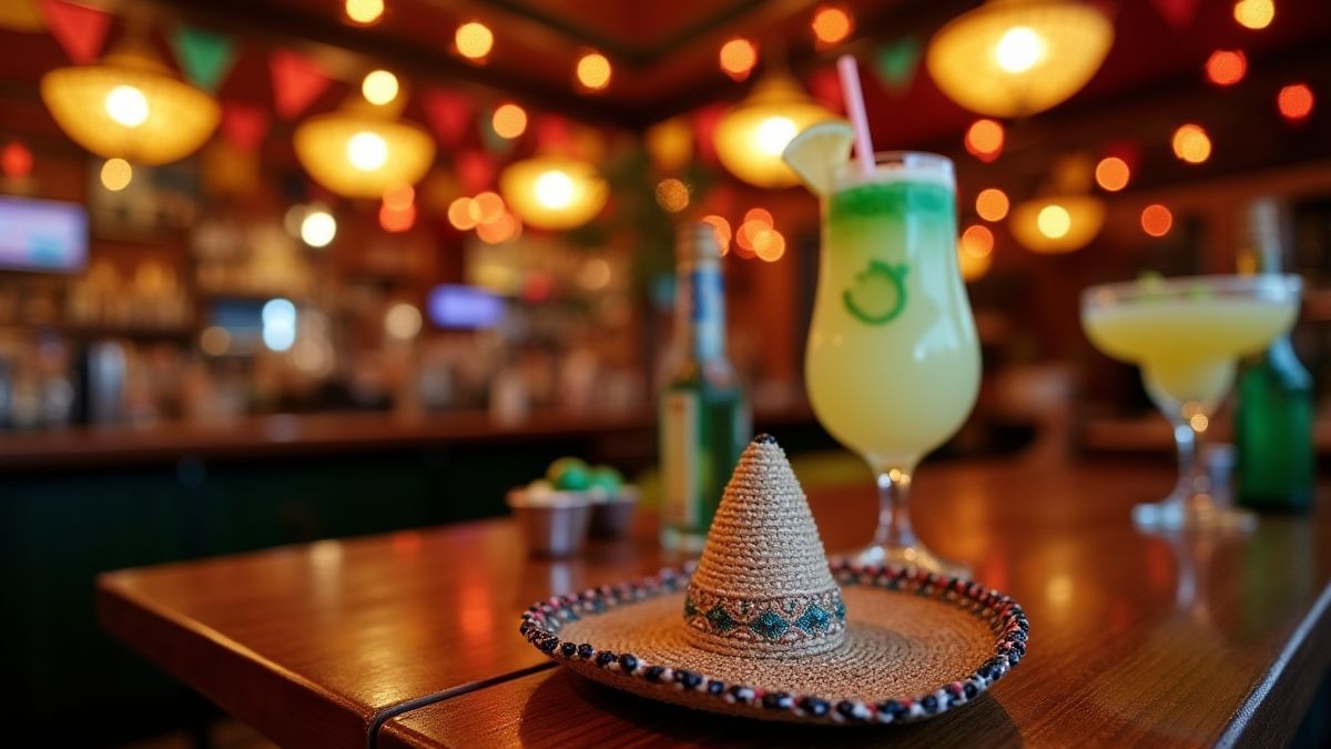 Mexican cantina decorated with sombreros and margaritas.