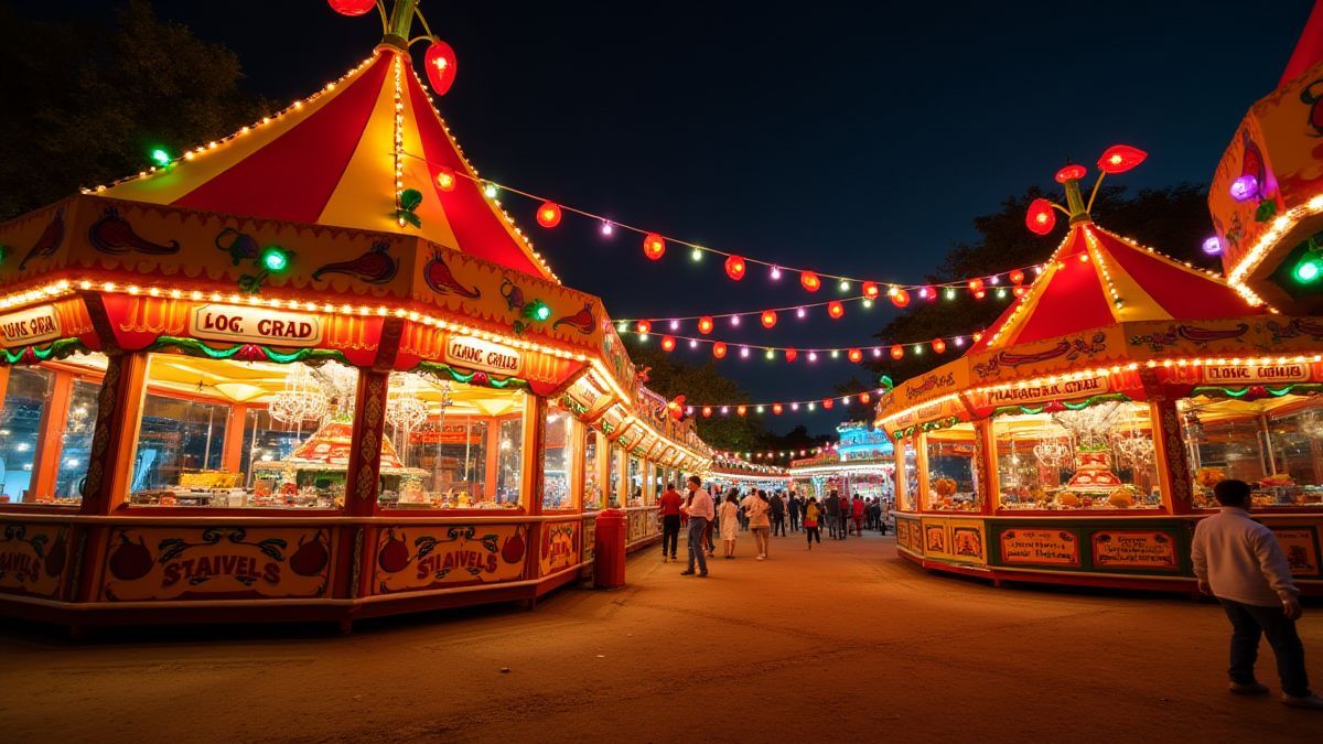 Carnaval lleno de decoración de chiles y luces brillantes.