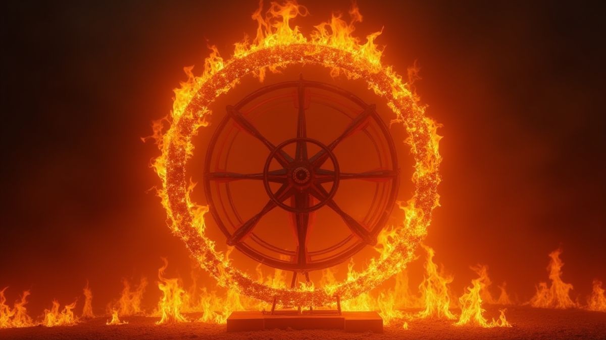 Rueda giratoria rodeada de llamas ardientes.