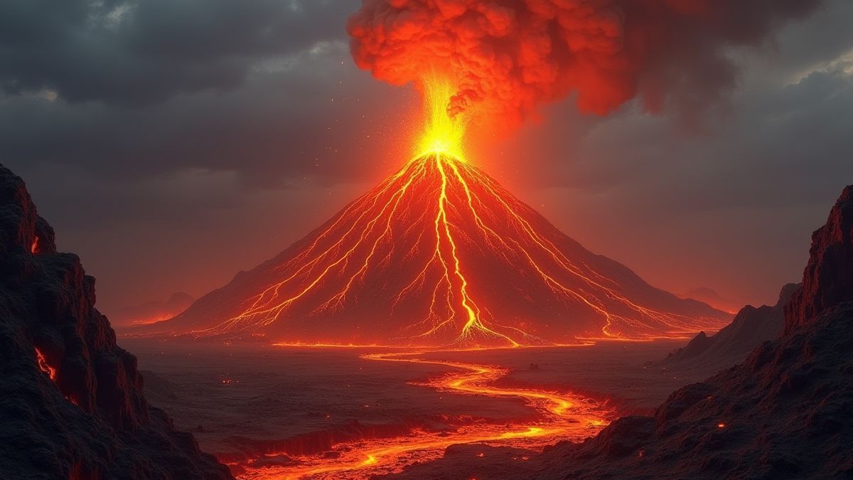 Volcán en erupción con lava incandescente en un escenario fantástico.
