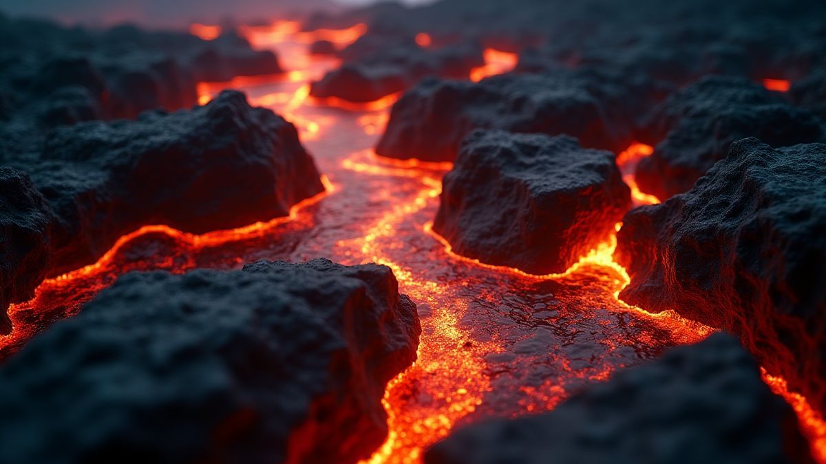 Lava fundida fluyendo entre rocas afiladas en un entorno cinematográfico.