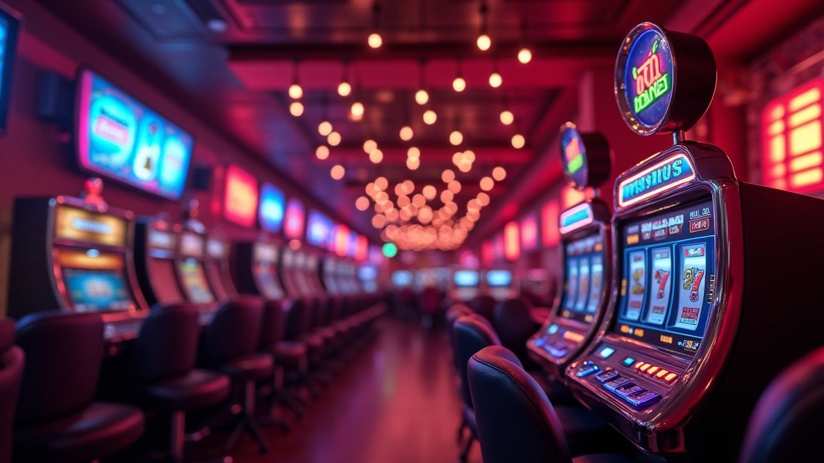 Casino retro com luzes de néon e símbolos clássicos.