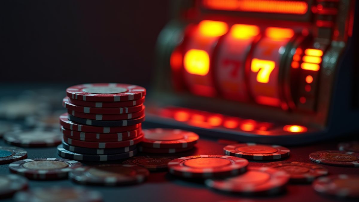 Fichas de casino junto a uma máquina tragamonedas retro.