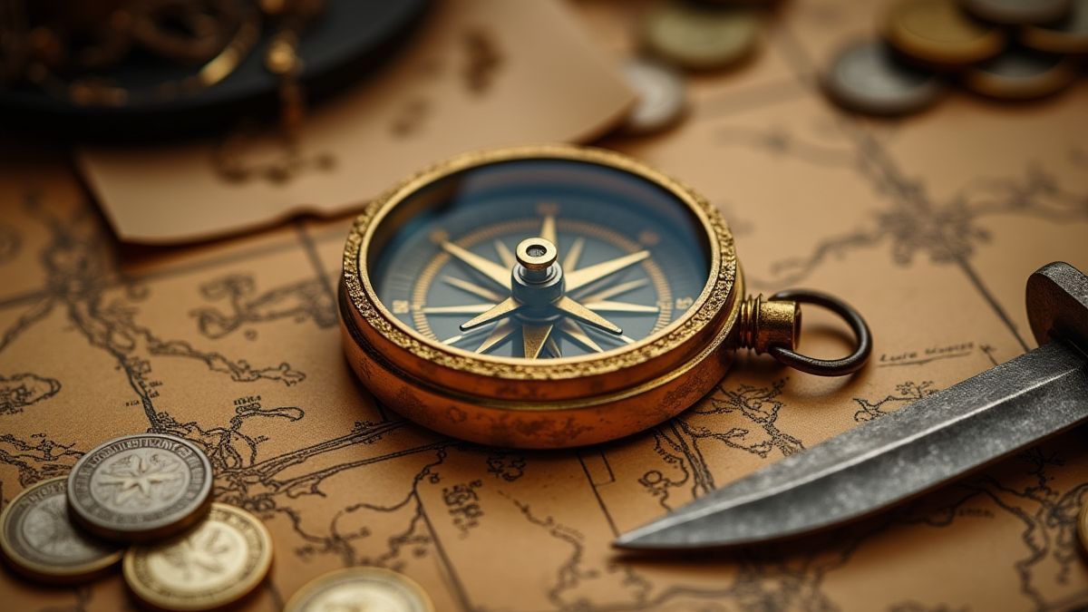 Una brújula dorada sobre un mapa del tesoro rodeada de monedas y una daga.