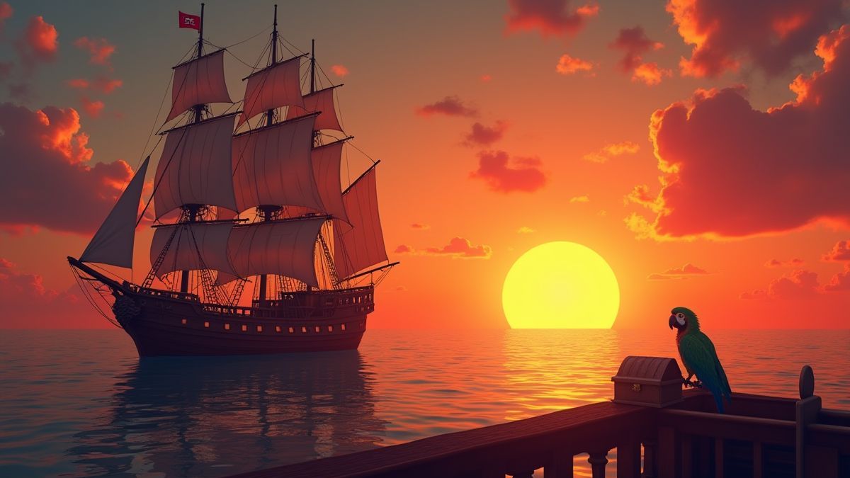 Un barco pirata navegando al atardecer con un cofre del tesoro en la cubierta.