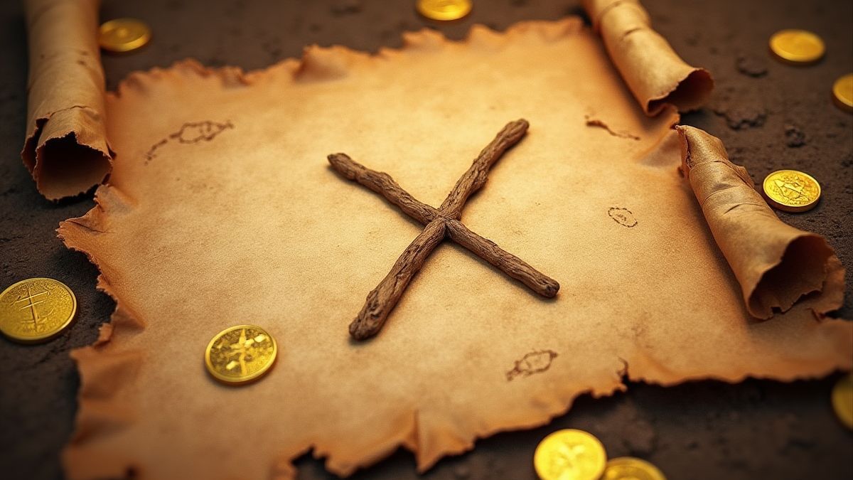 Un mapa del tesoro marcado con una 'X' rodeado de monedas de oro.