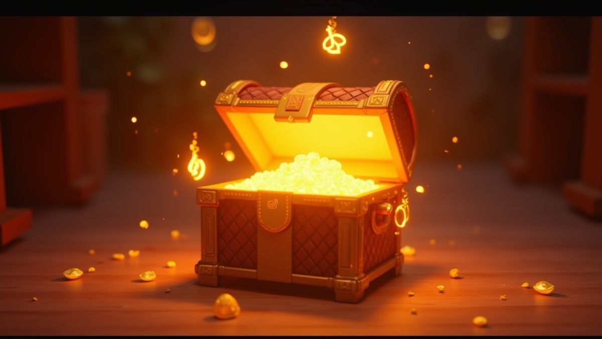 Cofre del tesoro brillante rodeado de símbolos orientales.