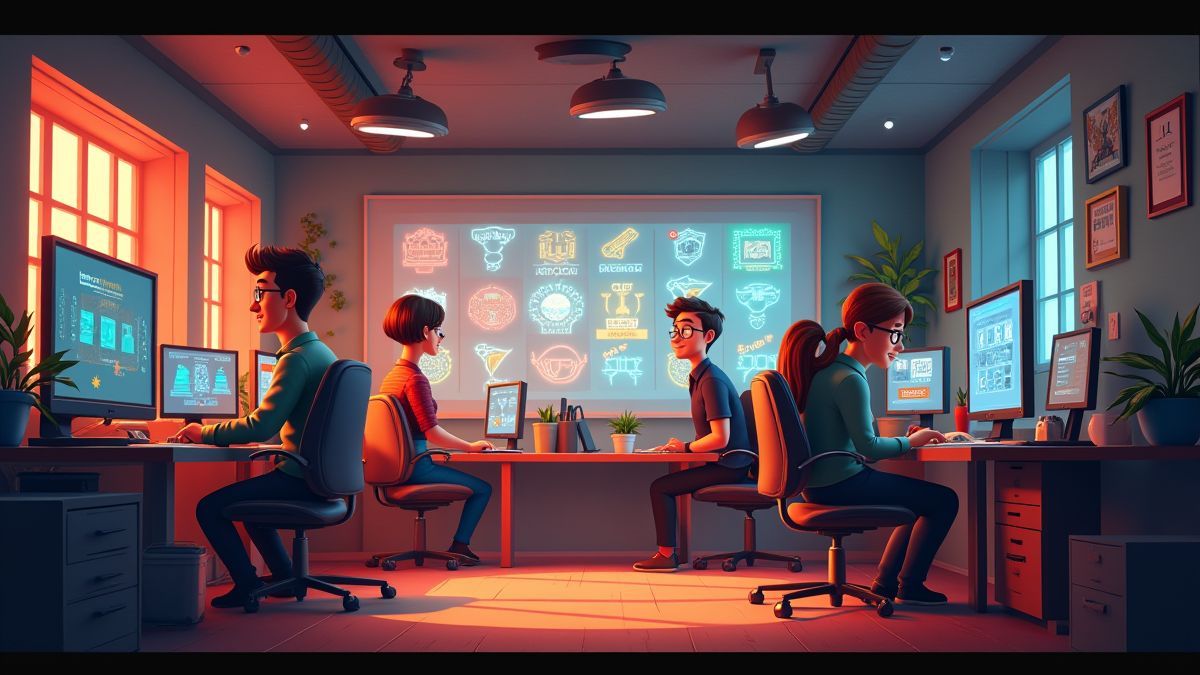 Oficina animada con diseñadores trabajando en gráficos de juegos de slots.
