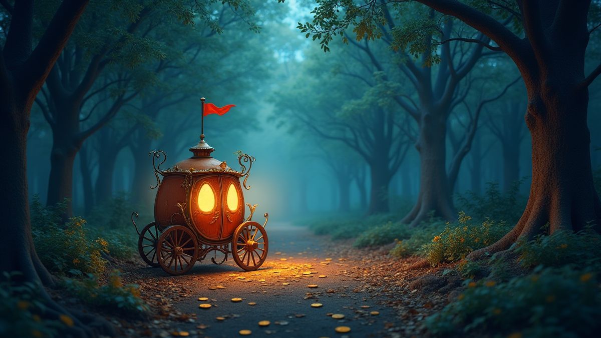 An enchanted forest with a glowing carriage and scattered coins.