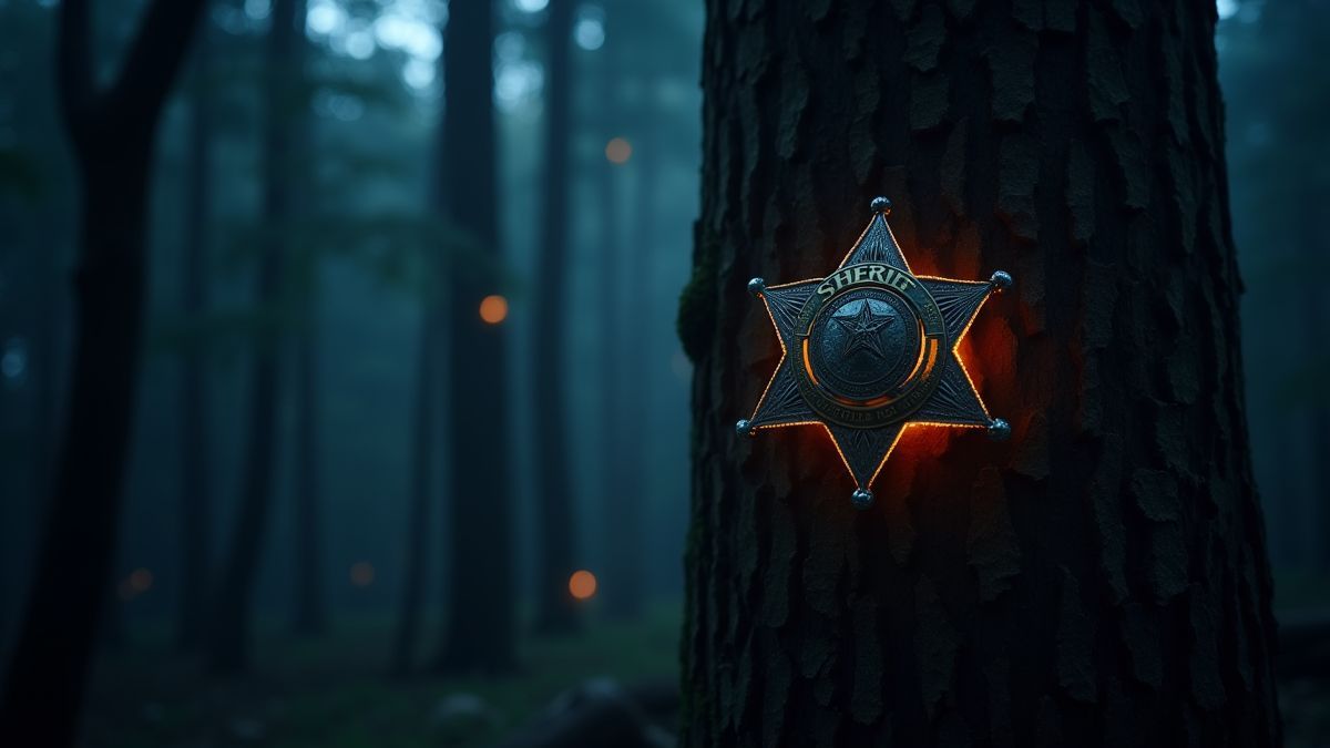 A dark forest with glowing elements and a sheriff badge hanging on a tree.
