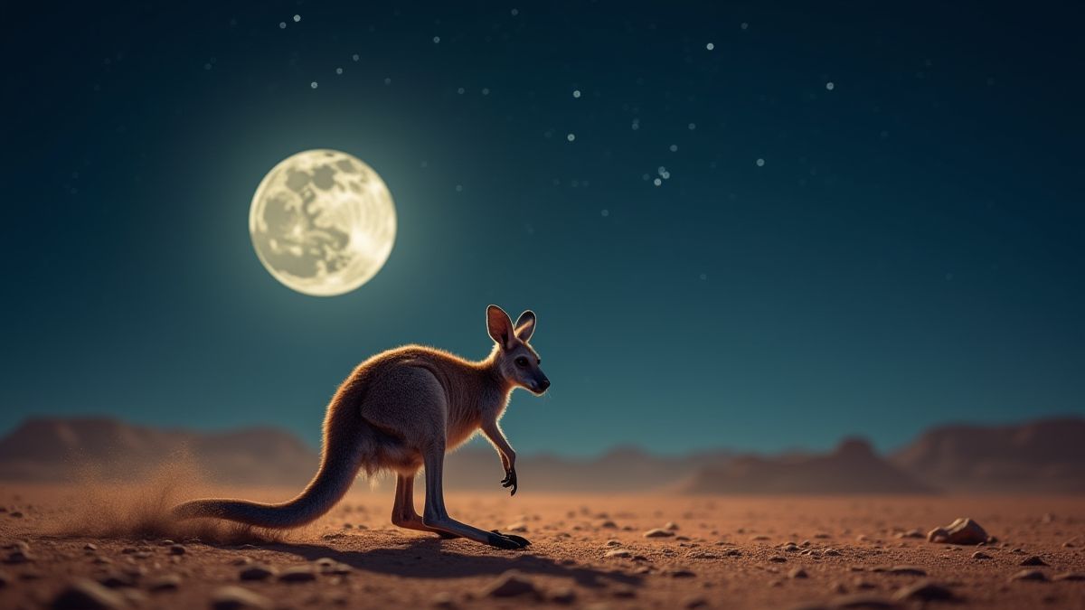 Un canguro saltando en un desierto bajo la luz de la luna.