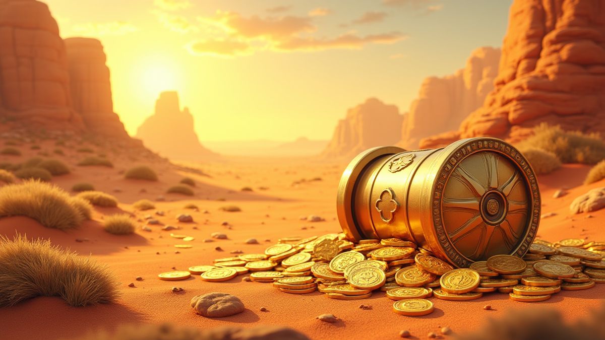 Una escena de jackpot con monedas doradas y elementos del desierto australiano.