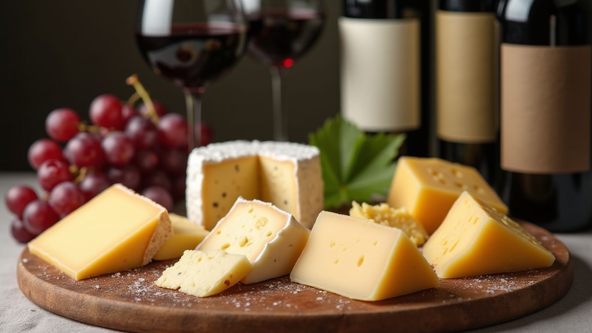 Eine Käseplatte mit französischem Käse, Weinflaschen und Trauben.