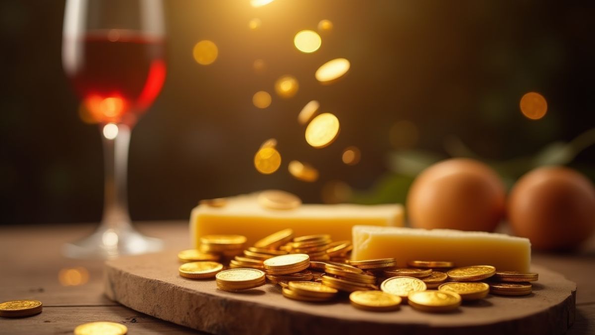 Goldene Münzen, die auf einen Tisch mit Wein und Käse fallen.