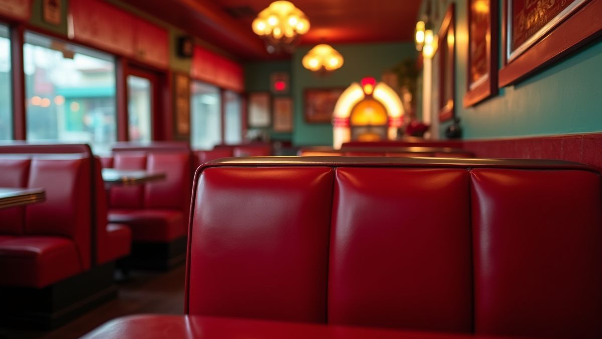 Interior de un diner americano retro con asientos de cuero rojo.