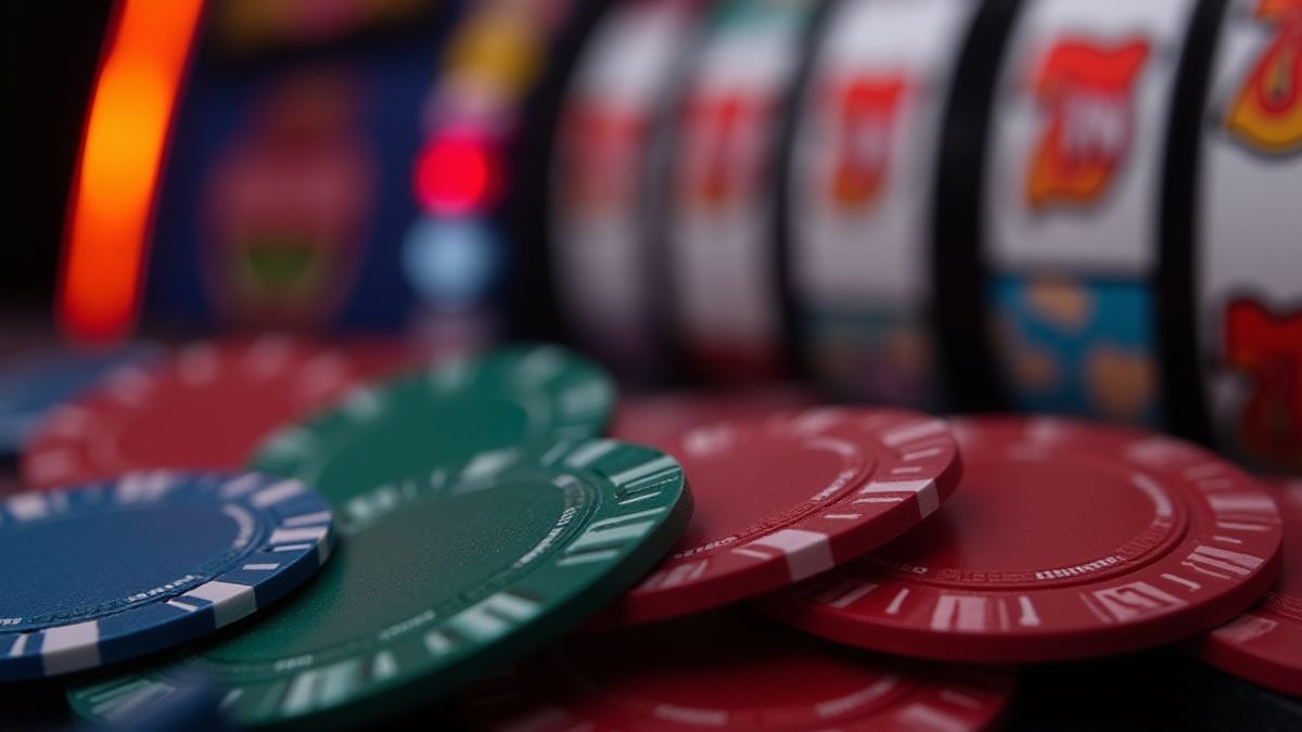 Fichas de casino y carretes de slot en movimiento.